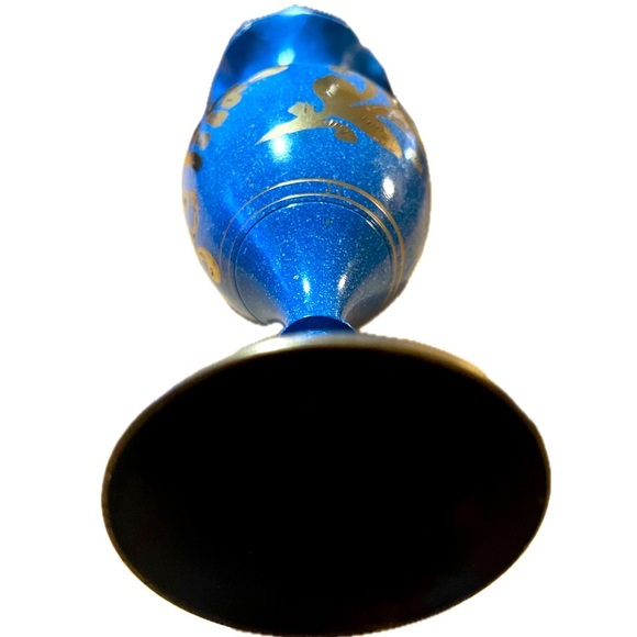 Vintage Blue Enameled Brass Bud Vase w/ etched florals and ruffled opening - Picture 4 of 9